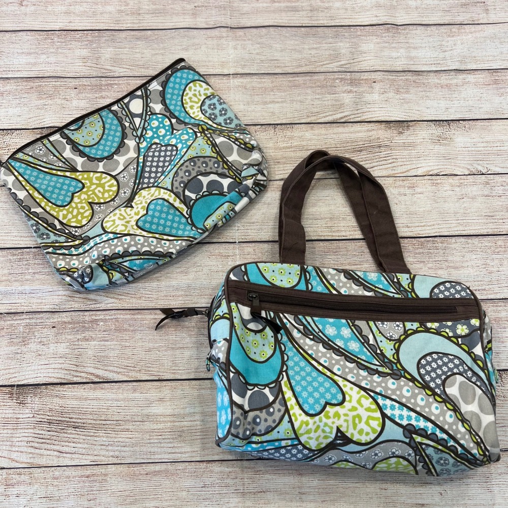 Thirty-One Gifts Cosmetic Bag Set Blue‎ Green Paisley Heart Travel Pouch 2pc